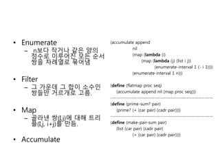 • Enumerate 
– n보다 작거나 같은 양의 
정수로 이루어진 모든 순서 
쌍을 차례열로 묶어냄 
• Filter 
– 그 가운데 그 합이 소수인 
쌍들만 거르개로 고름. 
• Map 
– 골라낸 쌍(I,j)에 대해 트리 
플(I,j, i+j)를 만듬. 
• Accumulate 
(accumulate append 
nil 
(map (lambda (i) 
(map (lambda ( j) (list i j)) 
(enumerate-interval 1 (- i 1)))) 
(enumerate-interval 1 n))) 
(define (flatmap proc seq) 
(accumulate append nil (map proc seq))) 
---------------------------------------------------------- 
(define (prime-sum? pair) 
(prime? (+ (car pair) (cadr pair)))) 
---------------------------------------------------------- 
(define (make-pair-sum pair) 
(list (car pair) (cadr pair) 
(+ (car pair) (cadr pair)))) 
 