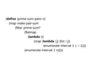 (define (prime-sum-pairs n) 
(map make-pair-sum 
(filter prime-sum? 
(flatmap 
(lambda (i) 
(map (lambda ( j) (list i j)) 
(enumerate-interval 1 (- i 1)))) 
(enumerate-interval 1 n))))) 
 