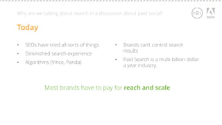 Why are we talking about search in a discussion about paid social? 
Today 
• SEOs have tried all sorts of things 
• Diminished search experience 
• Algorithms (Vince, Panda) 
Most brands have to pay for reach and scale 
• Brands can’t control search 
results 
• Paid Search is a multi-billion dollar 
a year industry. 
 