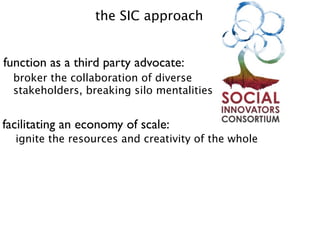 the SIC approach


function as a third party advocate:
  broker the collaboration of diverse
  stakeholders, breaking silo mentalities


facilitating an economy of scale:
  ignite the resources and creativity of the whole
 