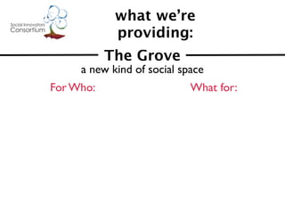 what we’re
            providing:
           The Grove
     a new kind of social space
For Who:                    What for:
 