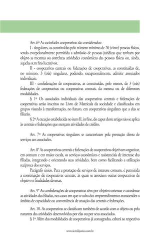 Art. 6º As sociedades cooperativas são consideradas:
        I - singulares, as constituídas pelo número mínimo de 20 (vinte) pessoas físicas,
sendo excepcionalmente permitida a admissão de pessoas jurídicas que tenham por
objeto as mesmas ou correlatas atividades econômicas das pessoas físicas ou, ainda,
aquelas sem fins lucrativos;
        II - cooperativas centrais ou federações de cooperativas, as constituídas de,
no mínimo, 3 (três) singulares, podendo, excepcionalmente, admitir associados
individuais;
        III - confederações de cooperativas, as constituídas, pelo menos, de 3 (três)
federações de cooperativas ou cooperativas centrais, da mesma ou de diferentes
modalidades.
        § 1º Os associados individuais das cooperativas centrais e federações de
cooperativas serão inscritos no Livro de Matrícula da sociedade e classificados em
grupos visando à transformação, no futuro, em cooperativas singulares que a elas se
filiarão.
        § 2º A exceção estabelecida no item II, in fine, do caput deste artigo não se aplica
às centrais e federações que exerçam atividades de crédito.

       Art. 7º As cooperativas singulares se caracterizam pela prestação direta de
serviços aos associados.

        Art. 8° As cooperativas centrais e federações de cooperativas objetivam organizar,
em comum e em maior escala, os serviços econômicos e assistenciais de interesse das
filiadas, integrando e orientando suas atividades, bem como facilitando a utilização
recíproca dos serviços.
        Parágrafo único. Para a prestação de serviços de interesse comum, é permitida
a constituição de cooperativas centrais, às quais se associem outras cooperativas de
objetivo e finalidades diversas.

        Art. 9° As confederações de cooperativas têm por objetivo orientar e coordenar
as atividades das filiadas, nos casos em que o vulto dos empreendimentos transcender o
âmbito de capacidade ou conveniência de atuação das centrais e federações.
      Art. 10. As cooperativas se classificam também de acordo com o objeto ou pela
natureza das atividades desenvolvidas por elas ou por seus associados.
      § 1º Além das modalidades de cooperativas já consagradas, caberá ao respectivo

                                   www.sicredijustica.com.br
 