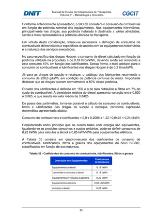 Manual de Custos de Infraestrutura de Transportes
Volume 01 - Metodologia e Conceitos
93
Conforme anteriormente apresentado, o SICRO considera o consumo de combustível
em função da potência nominal dos equipamentos. Nos equipamentos hidroviários,
principalmente nas dragas, sua potência instalada é destinada a várias atividades,
sendo a mais representativa a potência utilizada no transporte.
Em virtude desta constatação, tornou-se necessária a definição de consumos de
combustíveis diferenciados e específicos de acordo com os equipamentos hidroviários
e a natureza dos serviços executados.
No caso específico das dragas Hopper, o consumo de diesel calculado em função da
potência utilizada na propulsão é de 0,18 litros/kWh, devendo ainda ser acrescido a
este consumo 10% em função dos lubrificantes. Dessa forma, o total adotado para o
consumo de combustíveis e lubrificantes nas dragas Hopper é de 0,2 litros/kWh.
Já para as dragas de sucção e recalque, o catálogo dos fabricantes recomenda o
consumo de 208,6 g/kWh, em condição de potência contínua do motor. Importante
destacar que as dragas operam normalmente a 80% dessa potência.
O custo dos lubrificantes é definido em 15% e o de óleo hidráulico e filtros em 7% do
custo do combustível. A densidade relativa do diesel apresenta variação entre 0,820
e 0,865, o que resulta no valor médio de 0,8425.
De posse dos parâmetros, torna-se possível o cálculo do consumo de combustíveis,
filtros e lubrificantes das dragas de sucção e recalque, conforme expressão
matemática apresentada abaixo:
Consumo de combustíveis e lubrificantes = 0,8 x 0,2086 x 1,22 / 0,8425 = 0,24 l/kWh.
Considerando como princípio que os custos totais com energia são equivalentes,
igualando-se os produtos consumos x custos unitários, pode-se definir consumos de
0,28 l/kWh para veículos a álcool e 0,85 kWh/kWh para equipamentos elétricos.
A Tabela 35 consiste em quadro-resumo dos coeficientes de consumo de
combustíveis, lubrificantes, filtros e graxas dos equipamentos do novo SICRO,
classificados em função de sua natureza.
Tabela 35 - Coeficientes de consumo de combustíveis, lubrificantes, filtros e graxas
Descrição dos Equipamentos
Coeficientes
de Consumo
Equipamentos a diesel 0,18 l/kWh
Caminhões e veículos a diesel 0,18 l/kWh
Equipamentos e veículos a gasolina 0,20 l/kWh
Equipamentos elétricos 0,85 kWh/kWh
Veículos a álcool 0,28 l/kWh
 