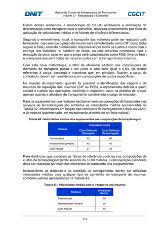 Manual de Custos de Infraestrutura de Transportes
Volume 01 - Metodologia e Conceitos
119
Diante destes elementos, a metodologia do SICRO estabelece a eliminação da
diferenciação entre transporte local e comercial, realizada anteriormente por meio da
aplicação de velocidades médias e de fatores de eficiência diferenciados.
Segundo o entendimento atual, o transporte dos materiais pode ser realizado pelo
fornecedor, caso em que o preço do insumo será caracterizado como CIF (custo inclui
seguro e frete), estando o fornecedor responsável por todos os custos e riscos com a
entrega dos materiais no canteiro de obras, ou pela empresa contratada para a
execução da obra, caso em que o preço será caracterizado como FOB (livre de frete)
e a empresa assumirá todos os riscos e custos com o transporte dos insumos.
Com esta nova metodologia, o fator de eficiência adotado nas composições de
momento de transporte passa a ser único e com valor igual a 0,83. Os custos
referentes à carga, descarga e manobras que, em princípio, ficavam a cargo do
contratado, devem ser considerados em composições de custos específicas.
Na ocasião do orçamento, quando for possível a identificação das origens e da
natureza de aquisição dos insumos (CIF ou FOB), o orçamentista definirá a quem
caberá o custeio das operações, incluindo o respectivo custo na planilha de preços
apenas quando a atividade de transporte for considerada a cargo do executor.
Para os equipamentos que realizam exclusivamente as operações de transportes nos
serviços de terraplenagem são adotadas as velocidades médias apresentadas na
Tabela 42, diferenciadas em função das condições de carregamento (cheio ou vazio)
e da rodovia (pavimentada, em revestimento primário ou em leito natural).
Tabela 42 - Velocidades médias dos equipamentos nas composições de terraplenagem
Rodovia
Velocidade (km/h)
Curta Distância
Carregado
Curta Distância
Descarregado
Pavimentada 45 60
Revestimento primário 40 45
Leito natural 21 39
Para distâncias que excedam as faixas de referência contidas nas composições de
custos de terraplenagem (limite superior de 3.000 metros), a remuneração excedente
deve ser realizada por meio dos momentos de transporte dos equipamentos.
Independente da distância e da condição de carregamento, devem ser utilizadas
velocidades médias para qualquer tipo de caminhão no transporte de insumos,
conforme valores apresentados na Tabela 43.
Tabela 43 - Velocidades médias para o transporte dos insumos
Rodovia
Velocidade
(Km/h)
Pavimentada 60
Revestimento Primário 50
Leito Natural 40
 