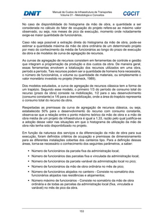 Manual de Custos de Infraestrutura de Transportes
Volume 01 - Metodologia e Conceitos
153
No caso de disponibilidade do histograma da mão de obra, a quantidade a ser
considerada no cálculo do fator de ocupação do projeto refere-se ao máximo valor
observado, ou seja, nos meses de pico da execução, momento onde notadamente
exige-se maior quantidade de funcionários.
Caso não seja possível a extração direta do histograma da mão de obra, pode-se
estimar a quantidade máxima da mão de obra ordinária de um determinado projeto
por meio do conhecimento da média de funcionários ao longo do prazo de execução
da obra e de modelos de curva de agregação de recursos.
As curvas de agregação de recursos consistem em ferramentas de controle e gestão
que integram a programação da produção e dos custos da obra. De maneira geral,
essas ferramentas envolvem a totalização dos recursos utilizados em uma obra,
período a período. Tais recursos podem ser a quantidade de homens hora necessária,
o número de funcionários, o volume ou quantidade de materiais, ou simplesmente o
valor monetário investido no projeto (Heineck, 1989).
Dos modelos estudados, a curva de agregação de recursos clássica tem a forma de
um trapézio. Segundo esse modelo, o primeiro 1/3 do período de consumo total do
recurso (prazo da obra) consiste na mobilização, 1/2 para o seu desenvolvimento
(consumo constante) e 1/6 para a desmobilização, onde a área do trapézio representa
o consumo total do recurso da obra.
Respeitadas as premissas da curva de agregação de recursos clássica, ou seja,
estabelecido 50% para o desenvolvimento do recurso com consumo constante,
observa-se que a relação entre o ponto máximo teórico da mão de obra e a mão de
obra média de um projeto de infraestrutura é igual a 1,33, razão pelo qual justifica-se
a adoção desse valor nas situações em que o histograma de utilização da mão de
obra não tenha sido disponibilizado no projeto.
Em função da natureza dos serviços e da diferenciação da mão de obra para sua
execução, foram definidos critérios de ocupação e premissas de dimensionamento
para as diferentes instalações cobertas dos canteiros tipo. Para a definição dessas
áreas, torna-se necessário o conhecimento dos seguintes parâmetros, a saber:
Número de funcionários da parcela fixa da administração local;
Número de funcionários das parcelas fixa e vinculada da administração local;
Número de funcionários da parcela variável da administração local no pico;
Número de funcionários da mão de obra ordinária no mês de pico;
Número de funcionários alojados no canteiro - Consiste no somatório dos
funcionários alojados nas residências e alojamentos;
Número máximo de funcionários - Consiste no somatório da mão de obra
ordinária e de todas as parcelas da administração local (fixa, vinculada e
variável) no mês de pico da obra.
 