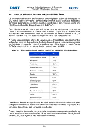 Manual de Custos de Infraestrutura de Transportes
Volume 01 - Metodologia e Conceitos
154
11.8. Áreas de Referência e Fatores de Equivalência de Áreas
Os orçamentos elaborados em função das composições de custos de edificações do
SICRO nos padrões provisório e permanente permitiram avaliar a variação dos custos
por metro quadrado das diferentes instalações cobertas e sem vedação lateral em
relação ao custo médio da construção civil do SINAPI.
Esta relação entre os custos das estruturas cobertas construídas com padrão
provisório e permanente do SICRO e aqueles advindos do custo médio da construção
civil do SINAPI foi denominada Fator de Equivalência de Áreas Cobertas (FEAC) e
definida isoladamente para cada instalação coberta e sem vedação lateral.
A Tabela 56 apresenta os fatores de equivalência de áreas obtidos para as diferentes
instalações cobertas dos canteiros de obras de construção e restauração rodoviária
em função da comparação dos custos obtidos com a utilização das composições do
SICRO e o custo médio da construção civil divulgado pelo SINAPI.
Tabela 56 - Fatores de equivalência de áreas cobertas das instalações dos canteiros tipo
Instalações Cobertas FEAC
Escritório e seção técnica 70,0%
Alojamentos 70,0%
Residências 70,0%
Refeitório e cozinha 70,0%
Banheiros e vestiário 70,0%
Guarita 70,0%
Ambulatório 60,0%
Sala de topografia 60,0%
Laboratórios 60,0%
Almoxarifado 50,0%
Depósito de cimento 50,0%
Oficina 50,0%
Área de recreação 50,0%
Definidos os fatores de equivalência de áreas para as instalações cobertas e com
vedação lateral, torna-se necessário estimar os custos relacionados à preparação dos
terrenos e à construção das estruturas descobertas.
Embora a central de armação e a carpintaria possuam uma pequena área coberta, os
custos associados a estas instalações não se mostraram relevantes na formação total
de seu custo, face a grande área descoberta associada.
 