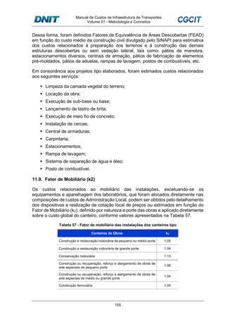 Manual de Custos de Infraestrutura de Transportes
Volume 01 - Metodologia e Conceitos
155
Dessa forma, foram definidos Fatores de Equivalência de Áreas Descobertas (FEAD)
em função do custo médio da construção civil divulgado pelo SINAPI para estimativa
dos custos relacionados à preparação dos terrenos e à construção das demais
estruturas descobertas ou sem vedação lateral, tais como: pátios de manobra,
estacionamentos diversos, centrais de armação, pátios de fabricação de elementos
pré-moldados, pátios de aduelas, rampas de lavagem, postos de combustíveis, etc.
Em consonância aos projetos tipo elaborados, foram estimados custos relacionados
aos seguintes serviços:
Limpeza da camada vegetal do terreno;
Locação da obra;
Execução de sub-base ou base;
Lançamento de lastro de brita;
Execução de meio fio de concreto;
Instalação de cercas;
Central de armaduras;
Carpintaria;
Estacionamentos;
Rampa de lavagem;
Sistema de separação de água e óleo;
Posto de combustível.
11.9. Fator de Mobiliário (k2)
Os custos relacionados ao mobiliário das instalações, excetuando-se os
equipamentos e aparelhagem dos laboratórios, que foram alocados diretamente nas
composições de custos de Administração Local, podem ser obtidos pelo detalhamento
dos dispositivos e realização de cotação local de preços ou estimados em função do
Fator de Mobiliário (k2), definido por natureza e porte das obras e aplicado diretamente
sobre o custo global do canteiro, conforme valores apresentados na Tabela 57.
Tabela 57 - Fator de mobiliário das instalações dos canteiros tipo
Canteiros de Obras k2
Construção e restauração rodoviária de pequeno ou médio porte 1,05
Construção e restauração rodoviária de grande porte 1,04
Conservação rodoviária 1,13
Construção ou recuperação, reforço e alargamento de obras de
arte especiais de pequeno porte
1,06
Construção ou recuperação, reforço e alargamento de obras de
arte especiais de médio ou grande porte
1,04
Construção ferroviária 1,05
 