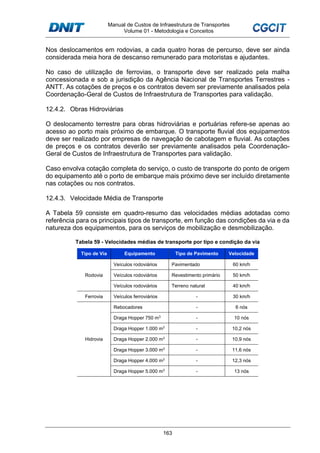 Manual de Custos de Infraestrutura de Transportes
Volume 01 - Metodologia e Conceitos
163
Nos deslocamentos em rodovias, a cada quatro horas de percurso, deve ser ainda
considerada meia hora de descanso remunerado para motoristas e ajudantes.
No caso de utilização de ferrovias, o transporte deve ser realizado pela malha
concessionada e sob a jurisdição da Agência Nacional de Transportes Terrestres -
ANTT. As cotações de preços e os contratos devem ser previamente analisados pela
Coordenação-Geral de Custos de Infraestrutura de Transportes para validação.
12.4.2. Obras Hidroviárias
O deslocamento terrestre para obras hidroviárias e portuárias refere-se apenas ao
acesso ao porto mais próximo de embarque. O transporte fluvial dos equipamentos
deve ser realizado por empresas de navegação de cabotagem e fluvial. As cotações
de preços e os contratos deverão ser previamente analisados pela Coordenação-
Geral de Custos de Infraestrutura de Transportes para validação.
Caso envolva cotação completa do serviço, o custo de transporte do ponto de origem
do equipamento até o porto de embarque mais próximo deve ser incluído diretamente
nas cotações ou nos contratos.
12.4.3. Velocidade Média de Transporte
A Tabela 59 consiste em quadro-resumo das velocidades médias adotadas como
referência para os principais tipos de transporte, em função das condições da via e da
natureza dos equipamentos, para os serviços de mobilização e desmobilização.
Tabela 59 - Velocidades médias de transporte por tipo e condição da via
Tipo de Via Equipamento Tipo de Pavimento Velocidade
Rodovia
Veículos rodoviários Pavimentado 60 km/h
Veículos rodoviários Revestimento primário 50 km/h
Veículos rodoviários Terreno natural 40 km/h
Ferrovia Veículos ferroviários - 30 km/h
Hidrovia
Rebocadores - 6 nós
Draga Hopper 750 m3
- 10 nós
Draga Hopper 1.000 m3
- 10,2 nós
Draga Hopper 2.000 m3
- 10,9 nós
Draga Hopper 3.000 m3
- 11,6 nós
Draga Hopper 4.000 m3
- 12,3 nós
Draga Hopper 5.000 m3
- 13 nós
 