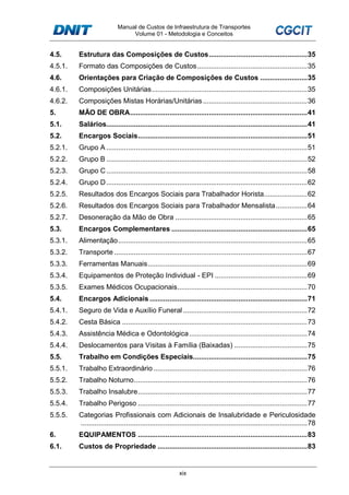 Manual de Custos de Infraestrutura de Transportes
Volume 01 - Metodologia e Conceitos
xix
4.5. Estrutura das Composições de Custos..................................................35
4.5.1. Formato das Composições de Custos........................................................35
4.6. Orientações para Criação de Composições de Custos ........................35
4.6.1. Composições Unitárias...............................................................................35
4.6.2. Composições Mistas Horárias/Unitárias.....................................................36
5. MÃO DE OBRA..........................................................................................41
5.1. Salários......................................................................................................41
5.2. Encargos Sociais......................................................................................51
5.2.1. Grupo A ......................................................................................................51
5.2.2. Grupo B ......................................................................................................52
5.2.3. Grupo C......................................................................................................58
5.2.4. Grupo D......................................................................................................62
5.2.5. Resultados dos Encargos Sociais para Trabalhador Horista......................62
5.2.6. Resultados dos Encargos Sociais para Trabalhador Mensalista................64
5.2.7. Desoneração da Mão de Obra ...................................................................65
5.3. Encargos Complementares .....................................................................65
5.3.1. Alimentação................................................................................................65
5.3.2. Transporte ..................................................................................................67
5.3.3. Ferramentas Manuais.................................................................................69
5.3.4. Equipamentos de Proteção Individual - EPI ...............................................69
5.3.5. Exames Médicos Ocupacionais..................................................................70
5.4. Encargos Adicionais ................................................................................71
5.4.1. Seguro de Vida e Auxílio Funeral ...............................................................72
5.4.2. Cesta Básica ..............................................................................................73
5.4.3. Assistência Médica e Odontológica............................................................74
5.4.4. Deslocamentos para Visitas à Família (Baixadas) .....................................75
5.5. Trabalho em Condições Especiais..........................................................75
5.5.1. Trabalho Extraordinário ..............................................................................76
5.5.2. Trabalho Noturno........................................................................................76
5.5.3. Trabalho Insalubre......................................................................................77
5.5.4. Trabalho Perigoso ......................................................................................77
5.5.5. Categorias Profissionais com Adicionais de Insalubridade e Periculosidade
...................................................................................................................78
6. EQUIPAMENTOS ......................................................................................83
6.1. Custos de Propriedade ............................................................................83
 