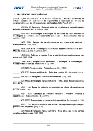 Manual de Custos de Infraestrutura de Transportes
Volume 01 - Metodologia e Conceitos
203
17. REFERÊNCIAS BIBLIOGRÁFICAS
ASSOCIAÇÃO BRASILEIRA DE NORMAS TÉCNICAS. CEE-162: Comissão de
estudo especial de elaboração de orçamentos e formação de preços de
empreendimentos de infraestrutura e edificações. [São Paulo], [20--].
______. NBR NM 67: Concreto - Determinação da consistência pelo abatimento
do tronco de cone. Rio de Janeiro. 1998.
______. NBR 1982: Identificação e descrição de amostras de solos obtidas em
sondagens de simples reconhecimento dos solos - Procedimento. Rio de
Janeiro. 1982.
______. NBR 5891: Regras de arredondamento na numeração decimal -
Procedimento. [S.l.]. 2014.
______. NBR 6484: Solo - Sondagens de simples reconhecimento com SPT -
Método de ensaio. Rio de Janeiro. 2001.
______. NBR 6650: Bobinas e chapas finas a quente de aço-carbono para uso
estrutural. [S.l.]. 2014.
______. NBR 6961: Organização ferroviária - Licitação e contratação -
Capacidade econômico-financeira. [S.l.]. 1999.
______. NBR 9286: Terra armada - Procedimento. [S.l.]. 1986.
______. NBR 9575: Impermeabilização - Seleção e projeto. Rio de Janeiro. 2010.
______. NBR 9603: Sondagem a trado - Procedimento. [S.l.]. 1986.
______. NBR 11862: Sinalização horizontal viária - Tinta à base de resina acrílica.
[S.l.]. 2012.
______. NBR 12284: Áreas de vivência em canteiros de obras - Procedimento.
Rio de Janeiro. 1991.
______. NBR 12655: Concreto de cimento Portland - Preparo, controle e
recebimento - Procedimento. [S.l.]. 2006.
______. NBR 13133: Execução de levantamento topográfico. Rio de Janeiro. 1994.
______. NBR 13159: Sinalização horizontal viária - Termoplástico aplicado pelo
processo de aspersão. [S.l.]. 2013.
______. NBR 13699: Sinalização horizontal viária - Tinta à base de resina acrílica
emulsionada em água. [S.l.]. 2012.
 