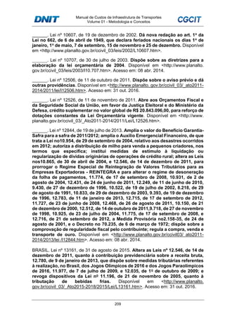 Manual de Custos de Infraestrutura de Transportes
Volume 01 - Metodologia e Conceitos
209
______. Lei nº 10607, de 19 de dezembro de 2002. Dá nova redação ao art. 1o da
Lei no 662, de 6 de abril de 1949, que declara feriados nacionais os dias 1o de
janeiro, 1o de maio, 7 de setembro, 15 de novembro e 25 de dezembro. Disponível
em <http://www.planalto.gov.br/ccivil_03/leis/2002/L10607.htm>.
______. Lei nº 10707, de 30 de julho de 2003. Dispõe sobre as diretrizes para a
elaboração da lei orçamentária de 2004. Disponível em <http://www.planalto.
gov.br/ccivil_03/leis/2003/l10.707.htm>. Acesso em: 08 abr. 2014.
______. Lei nº 12506, de 11 de outubro de 2011. Dispõe sobre o aviso prévio e dá
outras providências. Disponível em <http://www.planalto. gov.br/ccivil_03/_ato2011-
2014/2011/lei/l12506.htm>. Acesso em: 31 out. 2016.
______. Lei nº 12526, de 11 de novembro de 2011. Abre aos Orçamentos Fiscal e
da Seguridade Social da União, em favor da Justiça Eleitoral e do Ministério da
Defesa, crédito suplementar no valor global de R$ 20.843.096,00, para reforço de
dotações constantes da Lei Orçamentária vigente. Disponível em <http://www.
planalto.gov.br/ccivil_03/_Ato2011-2014/2011/Lei/L12526.htm>.
______. Lei nº 12844, de 19 de julho de 2013. Amplia o valor do Benefício Garantia-
Safra para a safra de 2011/2012; amplia o Auxílio Emergencial Financeiro, de que
trata a Lei no10.954, de 29 de setembro de 2004, relativo aos desastres ocorridos
em 2012; autoriza a distribuição de milho para venda a pequenos criadores, nos
termos que especifica; institui medidas de estímulo à liquidação ou
regularização de dívidas originárias de operações de crédito rural; altera as Leis
nos10.865, de 30 de abril de 2004, e 12.546, de 14 de dezembro de 2011, para
prorrogar o Regime Especial de Reintegração de Valores Tributários para as
Empresas Exportadoras - REINTEGRA e para alterar o regime de desoneração
da folha de pagamentos, 11.774, de 17 de setembro de 2008, 10.931, de 2 de
agosto de 2004, 12.431, de 24 de junho de 2011, 12.249, de 11 de junho de 2010,
9.430, de 27 de dezembro de 1996, 10.522, de 19 de julho de 2002, 8.218, de 29
de agosto de 1991, 10.833, de 29 de dezembro de 2003, 9.393, de 19 de dezembro
de 1996, 12.783, de 11 de janeiro de 2013, 12.715, de 17 de setembro de 2012,
11.727, de 23 de junho de 2008, 12.468, de 26 de agosto de 2011, 10.150, de 21
de dezembro de 2000, 12.512, de 14 de outubro de 2011,9.718, de 27 de novembro
de 1998, 10.925, de 23 de julho de 2004, 11.775, de 17 de setembro de 2008, e
12.716, de 21 de setembro de 2012, a Medida Provisória no2.158-35, de 24 de
agosto de 2001, e o Decreto no 70.235, de 6 de março de 1972; dispõe sobre a
comprovação de regularidade fiscal pelo contribuinte; regula a compra, venda e
transporte de ouro. Disponível em <http://www.planalto.gov.br/ccivil03/ ato2011-
2014/2013/lei /l12844.htm>. Acesso em: 08 abr. 2014.
BRASIL. Lei nº 13161, de 31 de agosto de 2015. Altera as Leis nº 12.546, de 14 de
dezembro de 2011, quanto à contribuição previdenciária sobre a receita bruta,
12.780, de 9 de janeiro de 2013, que dispõe sobre medidas tributárias referentes
à realização, no Brasil, dos Jogos Olímpicos de 2016 e dos Jogos Paraolímpicos
de 2016, 11.977, de 7 de julho de 2009, e 12.035, de 1o de outubro de 2009; e
revoga dispositivos da Lei no 11.196, de 21 de novembro de 2005, quanto à
tributação de bebidas frias. Disponível em <http://www.planalto.
gov.br/ccivil_03/_Ato2015-2018/2015/Lei/L13161.htm>. Acesso em: 31 out. 2016.
 