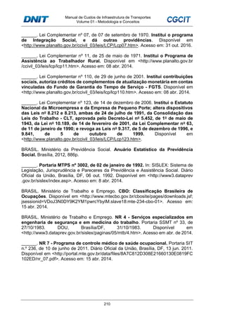 Manual de Custos de Infraestrutura de Transportes
Volume 01 - Metodologia e Conceitos
210
______. Lei Complementar nº 07, de 07 de setembro de 1970. Institui o programa
de Integração Social, e dá outras providências. Disponível em
<http://www.planalto.gov.br/ccivil_03/leis/LCP/Lcp07.htm>. Acesso em: 31 out. 2016.
______. Lei Complementar nº 11, de 25 de maio de 1971. Institui o Programa de
Assistência ao Trabalhador Rural. Disponível em <http://www.planalto.gov.br
/ccivil_03/leis/lcp/lcp11.htm>. Acesso em: 08 abr. 2014.
______. Lei Complementar nº 110, de 29 de junho de 2001. Institui contribuições
sociais, autoriza créditos de complementos de atualização monetária em contas
vinculadas do Fundo de Garantia do Tempo de Serviço - FGTS. Disponível em
<http://www.planalto.gov.br/ccivil_03/leis/lcp/lcp110.htm>. Acesso em: 08 abr. 2014.
______. Lei Complementar nº 123, de 14 de dezembro de 2006. Institui o Estatuto
Nacional da Microempresa e da Empresa de Pequeno Porte; altera dispositivos
das Leis no 8.212 e 8.213, ambas de 24 de julho de 1991, da Consolidação das
Leis do Trabalho - CLT, aprovada pelo Decreto-Lei no 5.452, de 1o de maio de
1943, da Lei no 10.189, de 14 de fevereiro de 2001, da Lei Complementar no 63,
de 11 de janeiro de 1990; e revoga as Leis no 9.317, de 5 de dezembro de 1996, e
9.841, de 5 de outubro de 1999. Disponível em
<http://www.planalto.gov.br/ccivil_03/leis/LCP/Lcp123.htm>.
BRASIL. Ministério da Previdência Social. Anuário Estatístico da Previdência
Social. Brasília, 2012, 886p.
______. Portaria MTPS nº 3002, de 02 de janeiro de 1992. In: SISLEX: Sistema de
Legislação, Jurisprudência e Pareceres da Previdência e Assistência Social. Diário
Oficial da União, Brasília, DF, 06 out. 1992. Disponível em <http://www3.dataprev
.gov.br/sislex/index.asp>. Acesso em: 8 abr. 2014.
BRASIL. Ministério de Trabalho e Emprego. CBO: Classificação Brasileira de
Ocupações. Disponível em <http://www.mtecbo.gov.br/cbosite/pages/downloads.jsf;
jsessionid=VDoJ3N0DY9K2YM1pwrcYbyIM.slave18:mte-234-cbo-01>. Acesso em:
15 abr. 2014.
BRASIL. Ministério de Trabalho e Emprego. NR 4 - Serviços especializados em
engenharia de segurança e em medicina do trabalho. Portaria SSMT nº 33, de
27/10/1983. DOU, Brasília/DF, 31/10/1983. Disponível em
<http://www3.dataprev.gov.br/sislex/paginas/05/mtb/4.htm>. Acesso em abr. de 2014.
______. NR 7 - Programa de controle médico de saúde ocupacional. Portaria SIT
n.º 236, de 10 de junho de 2011. Diário Oficial da União, Brasília, DF, 13 jun. 2011.
Disponível em <http://portal.mte.gov.br/data/files/8A7C812D308E21660130E0819FC
102ED/nr_07.pdf>. Acesso em: 15 abr. 2014.
 