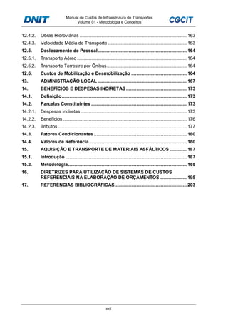 Manual de Custos de Infraestrutura de Transportes
Volume 01 - Metodologia e Conceitos
xxii
12.4.2. Obras Hidroviárias ................................................................................... 163
12.4.3. Velocidade Média de Transporte ............................................................. 163
12.5. Deslocamento de Pessoal..................................................................... 164
12.5.1. Transporte Aéreo ..................................................................................... 164
12.5.2. Transporte Terrestre por Ônibus.............................................................. 164
12.6. Custos de Mobilização e Desmobilização ........................................... 164
13. ADMINISTRAÇÃO LOCAL ..................................................................... 167
14. BENEFÍCIOS E DESPESAS INDIRETAS ............................................... 173
14.1. Definição................................................................................................. 173
14.2. Parcelas Constituintes .......................................................................... 173
14.2.1. Despesas Indiretas .................................................................................. 173
14.2.2. Benefícios ................................................................................................ 176
14.2.3. Tributos .................................................................................................... 177
14.3. Fatores Condicionantes ........................................................................ 180
14.4. Valores de Referência............................................................................ 180
15. AQUISIÇÃO E TRANSPORTE DE MATERIAIS ASFÁLTICOS ............. 187
15.1. Introdução .............................................................................................. 187
15.2. Metodologia............................................................................................ 188
16. DIRETRIZES PARA UTILIZAÇÃO DE SISTEMAS DE CUSTOS
REFERENCIAIS NA ELABORAÇÃO DE ORÇAMENTOS..................... 195
17. REFERÊNCIAS BIBLIOGRÁFICAS........................................................ 203
 
