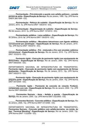 Manual de Custos de Infraestrutura de Transportes
Volume 01 - Metodologia e Conceitos
216
______. Pavimentação - Pré-misturado a quente com asfalto polímero - camada
porosa de atrito - Especificação de Serviço. Rio de Janeiro, 1999. 15p. (IPR Norma
DNER 386/1999 - ES).
______. Pavimentação - Reforço do subleito - Especificação de Serviço. Rio de
Janeiro, 2010. 7p. (IPR Norma DNIT 138/2010 - ES).
______. Pavimentação - Regularização do subleito - Especificação de Serviço.
Rio de Janeiro, 2010. 7p. (IPR Norma DNIT 137/2010 - ES).
______. Pavimentação asfáltica - Lama asfáltica - Especificação de Serviço. Rio
de Janeiro, 2010. 9p. (IPR Norma DNIT 150/2010 - ES).
______. Pavimentação asfáltica - Macadame betuminoso com ligante asfáltico
convencional por penetração - Especificação de Serviço. Rio de Janeiro, 2010.
10p. (IPR Norma DNIT 149/2010 - ES).
______. Pavimentação asfáltica - Pré - misturado a frio com emulsão catiônica
convencional - Especificação de Serviço. Rio de Janeiro, 2010. 11p. (IPR Norma
DNIT 153/2010 - ES).
______. Pavimento rígido - Execução de pavimento rígido com equipamento de
fôrma-trilho - Especificação de Serviço. Rio de Janeiro, 2004. 15p. (IPR Norma
DNIT 048/2004 - ES).
DEPARTAMENTO NACIONAL DE INFRAESTRUTURA DE TRANSPORTES.
Pavimento rígido - Execução de pavimento rígido com equipamento de fôrmas
deslizantes - Especificação de Serviço. Rio de Janeiro, 2013. 15p. (IPR Norma
DNIT 049/2013 - ES).
______. Pavimento rígido - Execução de pavimento rígido com equipamento de
pequeno porte - Especificação de Serviço. Rio de Janeiro, 2004. 14p. (IPR Norma
DNIT 047/2004 - ES).
______. Pavimento rígido - Pavimento de concreto de cimento Portland,
compactado com rolo - Especificação de Serviço. Rio de Janeiro, 2004. 11p. (IPR
Norma DNIT 059/2004 - ES).
______. Pavimentos flexíveis - Areia - Asfalto a quente - Especificação de
Serviço. Rio de Janeiro, 2005. 12p. (IPR Norma DNIT 032/2005 - ES).
______. Pavimentos flexíveis - Concreto asfáltico - Especificação de Serviço. Rio
de Janeiro, 2006. 14p. (IPR Norma DNIT 031/2006 - ES).
DEPARTAMENTO NACIONAL DE INFRAESTRUTURA DE TRANSPORTES.
Pavimentos flexíveis - Concreto asfáltico com asfalto-borracha, via úmida, do
tipo “Terminal Blending”- Especificação de Serviço. Rio de Janeiro, 2009. 13p.
(IPR Norma DNIT 112/2009 - ES).
 