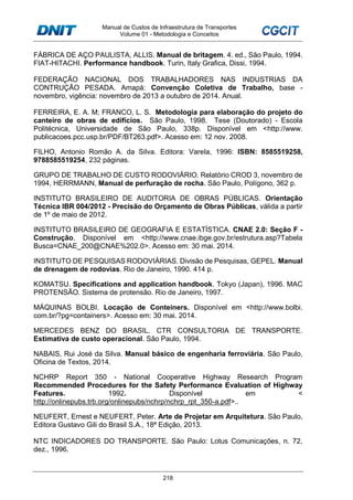 Manual de Custos de Infraestrutura de Transportes
Volume 01 - Metodologia e Conceitos
218
FÁBRICA DE AÇO PAULISTA, ALLIS. Manual de britagem. 4. ed., São Paulo, 1994.
FIAT-HITACHI. Performance handbook. Turin, Italy Grafica, Dissi, 1994.
FEDERAÇÃO NACIONAL DOS TRABALHADORES NAS INDUSTRIAS DA
CONTRUÇÃO PESADA. Amapá: Convenção Coletiva de Trabalho, base -
novembro, vigência: novembro de 2013 a outubro de 2014. Anual.
FERREIRA, E. A. M; FRANCO, L. S. Metodologia para elaboração do projeto do
canteiro de obras de edifícios. São Paulo, 1998. Tese (Doutorado) - Escola
Politécnica, Universidade de São Paulo, 338p. Disponível em <http://www.
publicacoes.pcc.usp.br/PDF/BT263.pdf>. Acesso em: 12 nov. 2008.
FILHO, Antonio Romão A. da Silva. Editora: Varela, 1996: ISBN: 8585519258,
9788585519254, 232 páginas.
GRUPO DE TRABALHO DE CUSTO RODOVIÁRIO. Relatório CROD 3, novembro de
1994, HERRMANN, Manual de perfuração de rocha. São Paulo, Polígono, 362 p.
INSTITUTO BRASILEIRO DE AUDITORIA DE OBRAS PÚBLICAS. Orientação
Técnica IBR 004/2012 - Precisão do Orçamento de Obras Públicas, válida a partir
de 1º de maio de 2012.
INSTITUTO BRASILEIRO DE GEOGRAFIA E ESTATÍSTICA. CNAE 2.0: Seção F -
Construção. Disponível em <http://www.cnae.ibge.gov.br/estrutura.asp?Tabela
Busca=CNAE_200@CNAE%202.0>. Acesso em: 30 mai. 2014.
INSTITUTO DE PESQUISAS RODOVIÁRIAS. Divisão de Pesquisas, GEPEL. Manual
de drenagem de rodovias. Rio de Janeiro, 1990. 414 p.
KOMATSU. Specifications and application handbook. Tokyo (Japan), 1996. MAC
PROTENSÃO. Sistema de protensão. Rio de Janeiro, 1997.
MÁQUINAS BOLBI. Locação de Conteiners. Disponível em <http://www.bolbi.
com.br/?pg=containers>. Acesso em: 30 mai. 2014.
MERCEDES BENZ DO BRASIL. CTR CONSULTORIA DE TRANSPORTE.
Estimativa de custo operacional. São Paulo, 1994.
NABAIS, Rui José da Silva. Manual básico de engenharia ferroviária. São Paulo,
Oficina de Textos, 2014.
NCHRP Report 350 - National Cooperative Highway Research Program
Recommended Procedures for the Safety Performance Evaluation of Highway
Features. 1992. Disponível em <
http://onlinepubs.trb.org/onlinepubs/nchrp/nchrp_rpt_350-a.pdf>..
NEUFERT, Ernest e NEUFERT, Peter. Arte de Projetar em Arquitetura. São Paulo,
Editora Gustavo Gili do Brasil S.A., 18ª Edição, 2013.
NTC INDICADORES DO TRANSPORTE. São Paulo: Lotus Comunicações, n. 72,
dez., 1996.
 