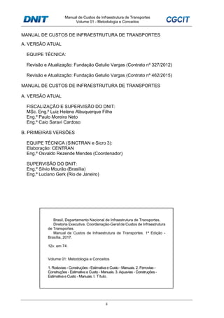 Manual de Custos de Infraestrutura de Transportes
Volume 01 - Metodologia e Conceitos
ii
MANUAL DE CUSTOS DE INFRAESTRUTURA DE TRANSPORTES
A. VERSÃO ATUAL
EQUIPE TÉCNICA:
Revisão e Atualização: Fundação Getulio Vargas (Contrato nº 327/2012)
Revisão e Atualização: Fundação Getulio Vargas (Contrato nº 462/2015)
MANUAL DE CUSTOS DE INFRAESTRUTURA DE TRANSPORTES
A. VERSÃO ATUAL
FISCALIZAÇÃO E SUPERVISÃO DO DNIT:
MSc. Eng.º Luiz Heleno Albuquerque Filho
Eng.º Paulo Moreira Neto
Eng.º Caio Saravi Cardoso
B. PRIMEIRAS VERSÕES
EQUIPE TÉCNICA (SINCTRAN e Sicro 3):
Elaboração: CENTRAN
Eng.º Osvaldo Rezende Mendes (Coordenador)
SUPERVISÃO DO DNIT:
Eng.º Silvio Mourão (Brasília)
Eng.º Luciano Gerk (Rio de Janeiro)
Brasil, Departamento Nacional de Infraestrutura de Transportes.
Diretoria Executiva. Coordenação-Geral de Custos de Infraestrutura
de Transportes.
Manual de Custos de Infraestrutura de Transportes. 1ª Edição -
Brasília, 2017.
12v. em 74.
Volume 01: Metodologia e Conceitos
1. Rodovias - Construções - Estimativa e Custo - Manuais. 2. Ferrovias -
Construções - Estimativa e Custo - Manuais. 3. Aquavias - Construções -
Estimativa e Custo - Manuais. I. Título.
 