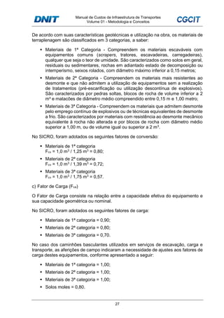 Manual de Custos de Infraestrutura de Transportes
Volume 01 - Metodologia e Conceitos
27
De acordo com suas características geotécnicas e utilização na obra, os materiais de
terraplenagem são classificados em 3 categorias, a saber:
Materiais de 1ª Categoria - Compreendem os materiais escaváveis com
equipamentos comuns (scrapers, tratores, escavadeiras, carregadeiras),
qualquer que seja o teor de umidade. São caracterizados como solos em geral,
residuais ou sedimentares, rochas em adiantado estado de decomposição ou
intemperismo, seixos rolados, com diâmetro máximo inferior a 0,15 metros;
Materiais de 2ª Categoria - Compreendem os materiais mais resistentes ao
desmonte e que não admitem a utilização de equipamentos sem a realização
de tratamentos (pré-escarificação ou utilização descontínua de explosivos).
São caracterizados por pedras soltas, blocos de rocha de volume inferior a 2
m³ e matacões de diâmetro médio compreendido entre 0,15 m e 1,00 metro;
Materiais de 3ª Categoria - Compreendem os materiais que admitem desmonte
pelo emprego contínuo de explosivos ou de técnicas equivalentes de desmonte
a frio. São caracterizados por materiais com resistência ao desmonte mecânico
equivalente à rocha não alterada e por blocos de rocha com diâmetro médio
superior a 1,00 m, ou de volume igual ou superior a 2 m3.
No SICRO, foram adotados os seguintes fatores de conversão:
Materiais de 1ª categoria
Fcv = 1,0 m3 / 1,25 m3 = 0,80;
Materiais de 2ª categoria
Fcv = 1,0 m3 / 1,39 m3 = 0,72;
Materiais de 3ª categoria
Fcv = 1,0 m3 / 1,75 m3 = 0,57.
c) Fator de Carga (Fca)
O Fator de Carga consiste na relação entre a capacidade efetiva do equipamento e
sua capacidade geométrica ou nominal.
No SICRO, foram adotados os seguintes fatores de carga:
Materiais de 1ª categoria = 0,90;
Materiais de 2ª categoria = 0,80;
Materiais de 3ª categoria = 0,70.
No caso dos caminhões basculantes utilizados em serviços de escavação, carga e
transporte, as aferições de campo indicaram a necessidade de ajustes aos fatores de
carga destes equipamentos, conforme apresentado a seguir:
Materiais de 1ª categoria = 1,00;
Materiais de 2ª categoria = 1,00;
Materiais de 3ª categoria = 1,00;
Solos moles = 0,80.
 