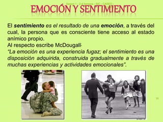 35
El sentimiento es el resultado de una emoción, a través del
cual, la persona que es consciente tiene acceso al estado
anímico propio.
Al respecto escribe McDougall:
“La emoción es una experiencia fugaz; el sentimiento es una
disposición adquirida, construida gradualmente a través de
muchas experiencias y actividades emocionales”.
Sesion 1 - 2-4 tiempos - SIC - CASEO -
v17014
 