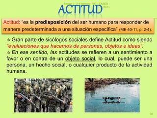 38
Actitud: “es la predisposición del ser humano para responder de
manera predeterminada a una situación específica” (ME 40-11, p. 2-4).
Gran parte de sicólogos sociales define Actitud como siendo
“evaluaciones que hacemos de personas, objetos e ideas”.
En ese sentido, las actitudes se refieren a un sentimiento a
favor o en contra de un objeto social, lo cual, puede ser una
persona, un hecho social, o cualquier producto de la actividad
humana.
Sesion 1 - 2-4 tiempos - SIC - CASEO -
v17014
 
