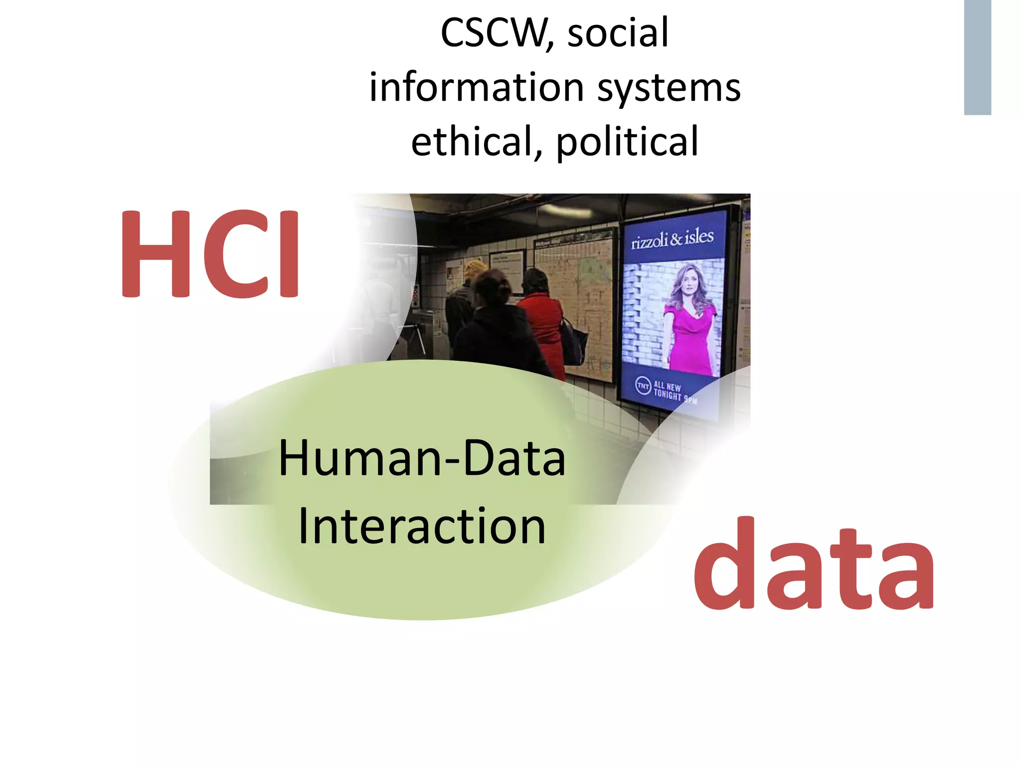 HCI
CSCW, social
information systems
ethical, political
data
Human-Data
Interaction
 