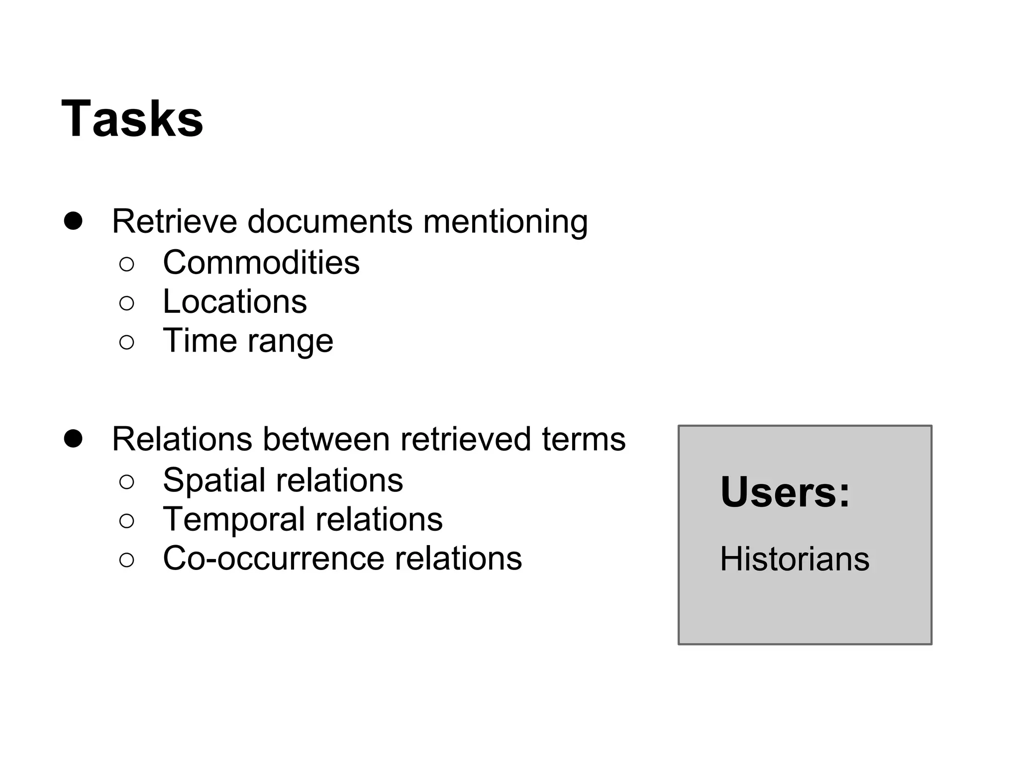 Tasks
● Retrieve documents mentioning
○ Commodities
○ Locations
○ Time range
● Relations between retrieved terms
○ Spatial relations
○ Temporal relations
○ Co-occurrence relations
Users:
Historians
 