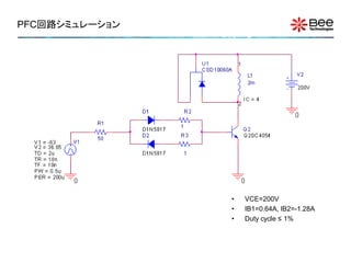 PFC回路シミュレーション




                •   VCE=200V
                •   IB1=0.64A, IB2=-1.28A
                •   Duty cycle ≤ 1%
 