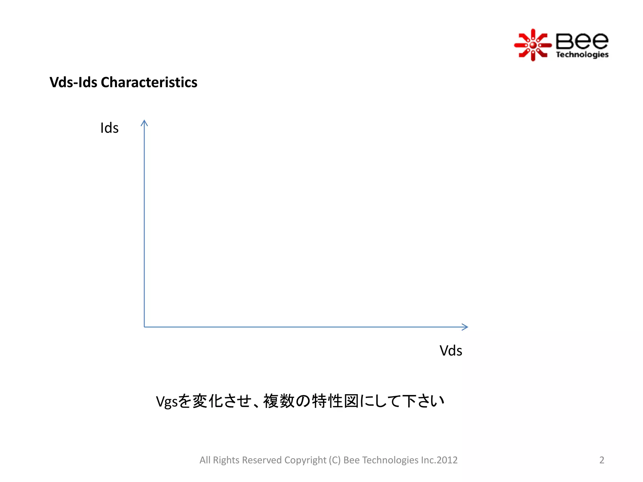 Vds-Ids Characteristics

       Ids




                                                                                Vds


                Vgsを変化させ、複数の特性図にして下さい


                          All Rights Reserved Copyright (C) Bee Technologies Inc.2012   2
 