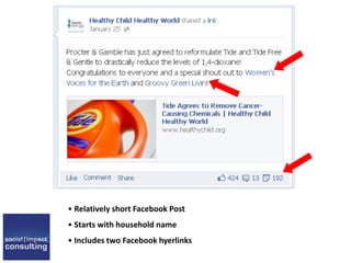 • Relatively short Facebook Post
• Starts with household name
• Includes two Facebook hyerlinks
 