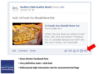 • Even shorter Facebook Post
• Very definitive state = click-bait
• Ridiculously high interaction rate for noncommercial Page
 