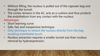 • Without lifting, the nucleus is pulled out of the capsular bag and
through the tunnel.
• The cortex remains in the AC, acts as a cushion and thus protects
the endothelium from any contact with the nucleus.
Advantages
• Short learning curve.
• Safe, fast and inexpensive technique.
• Only technique to extract the nucleus directly from the bag
avoiding endothelial touch.
• Nucleus extraction requires a smaller tunnel size than nucleus
removal by hydroexpression.
 