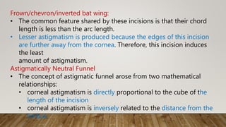 Frown/chevron/inverted bat wing:
• The common feature shared by these incisions is that their chord
length is less than the arc length.
• Lesser astigmatism is produced because the edges of this incision
are further away from the cornea. Therefore, this incision induces
the least
amount of astigmatism.
Astigmatically Neutral Funnel
• The concept of astigmatic funnel arose from two mathematical
relationships:
• corneal astigmatism is directly proportional to the cube of the
length of the incision
• corneal astigmatism is inversely related to the distance from the
limbus.
 