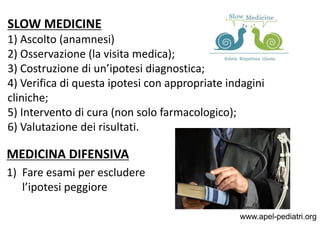 www.apel-pediatri.org
SLOW MEDICINE
1) Ascolto (anamnesi)
2) Osservazione (la visita medica);
3) Costruzione di un’ipotesi...