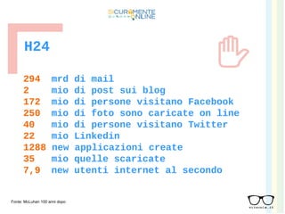 H24
294 mrd di mail
2 mio di post sui blog
172 mio di persone visitano Facebook
250 mio di foto sono caricate on line
40 mio di persone visitano Twitter
22 mio Linkedin
1288 new applicazioni create
35 mio quelle scaricate
7,9 new utenti internet al secondo
Fonte: McLuhan 100 anni dopo
 