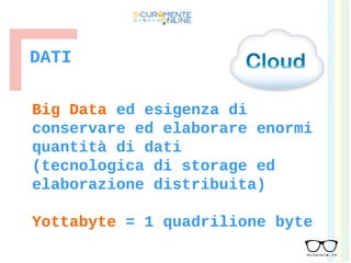 DATI
Big Data ed esigenza di
conservare ed elaborare enormi
quantità di dati
(tecnologica di storage ed
elaborazione distribuita)
Yottabyte = 1 quadrilione byte
 