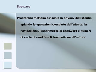 SpywareProgrammi mettono a rischio la privacy dell'utente, spiando le operazioni compiute dall'utente, la navigazione, l'inserimento di password e numeri di carte di credito e li trasmettono all'autore. 