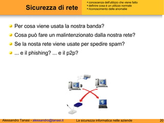 Sicurezza di rete Per cosa viene usata la nostra banda? Cosa può fare un malintenzionato dalla nostra rete? Se la nosta rete viene usate per spedire spam? ... e il phishing? ... e il p2p? conoscenza dell'utilizzo che viene fatto definire cosa è un utilizzo normale riconoscimento delle anomalie 