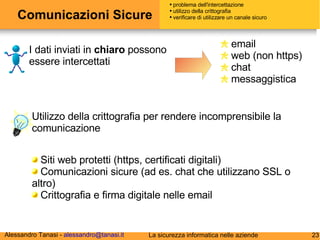 Comunicazioni Sicure I dati inviati in  chiaro  possono essere intercettati email web (non https) chat messaggistica problema dell'intercettazione utilizzo della crittografia verificare di utilizzare un canale sicuro Utilizzo della crittografia per rendere incomprensibile la comunicazione  Siti web protetti (https, certificati digitali) Comunicazioni sicure (ad es. chat che utilizzano SSL o altro) Crittografia e firma digitale nelle email  