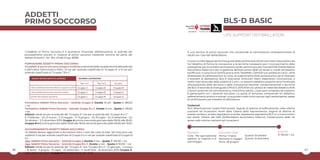 26 27
ADDETTI
PRIMO SOCCORSO
“L’Addetto al Primo Soccorso è il lavoratore incaricato dell’attuazione in azienda dei
provvedimenti previsti in materia di primo soccorso mediante nomina da parte del
datore di lavoro.” Art. 18 e 43 del D.Lgs. 81/08.
FORMAZIONE ADDETTI PRIMO SOCCORSO
Gli addetti al primo soccorso vengono suddivisi a seconda delle caratteristiche dell’azienda
e dell’indice infortunistico INAIL: 16 ore per aziende classificate di “Gruppo A” e 12 ore per
aziende classificate di “Gruppo “B e C”.
BLS-D BASIC
LIFE SUPPORT DEFIBRILLATION
È una tecnica di primo soccorso che comprende la rianimazione cardiopolmonare di
adulti con l’uso del defibrillatore.
Il corso è svolto seguendo le linee guida della società AHA (American Heart Association) ed
ha l’obiettivo di fornire le conoscenze e le tecniche necessarie per il riconoscimento delle
emergenze, per la corretta rianimazione cardio-polmonare, per l’uso del DAE (Defibrillatore
Automatico Esterno) e per la gestione dell’ostruzione delle vie aeree in modo tempestivo
ed efficace. Il corso ha la Certificazione AHA TRAINING CENTER con validità di 2 anni. Oltre
all’attestato di partecipazione al corso, al superamento della prova pratica verrà rilasciato
il brevetto di abilitazione BLS-D Esecutore American Heart Association (riconosciuto a
livello internazionale) della validità di 2 anni. Le sessioni didattico-pratiche sono finalizzate
all’acquisizione delle tecniche e delle conoscenze teoriche, comportamentali e tecniche
del BLS-D secondo le linee guida CPR ECC 2015 AHA con utilizzo di materiale didattico AHA
e lezioni pratiche con simulazione su manichino adulto. L’aula sarà composta da massimo
6 partecipanti con 1 docente istruttore. La quota di iscrizione comprende: kit didattico,
addestramento pratico e scenari, una pocket mask monouso per ogni partecipante, spese
di certificazione per brevetto di abilitazione.
Contenuti
RCP (Rianimazione Cardio-Polmonare). Segnali di allarme di soffocamento nelle vittime
coscienti ed incoscienti. Anelli della Catena della Sopravvivenza. Segnali di allarme di
arresto cardiaco, arresto respiratorio e stroke. Assistenza respiratoria RCP a 1 o 2 soccorritori
per adulti. Utilizzo del DAE (Defibrillatore Automatico Esterno). Disostruzione delle vie
aeree nelle vittime coscienti ed incoscienti.
DURATA
4 ore - Per ogni edizione
sessioni al mattino e al
pomeriggio
QUOTA
€ 150,00 + iva
EDIZIONI 2019
Prima: 1 marzo
Seconda: 6 maggio
Terza: 28 giugno
INDICE INFORTUNISTICO AZIENDA NUMERO LAVORATORI
Da 1 a 2 Da 3 a 5 6 o più
Gruppo C Gruppo B Gruppo B
Gruppo C
Gruppo C
Gruppo B Gruppo A
Gruppo B Gruppo A
Indice inabilità permanente inferiore o uguale a quattro
Indice inabilità permanente superiore a quattro
Azienda del comparto agricoltura
Formazione Addetti Primo Soccorso – Aziende Gruppo A. Durata: 16 ore – Quota: € 280,00
+ iva
Formazione Addetti Primo Soccorso – Aziende Gruppo B e C. Durata: 12 ore – Quota: € 230,00
+ iva
Edizioni valide sia per le aziende del “Gruppo A” che per le aziende del “Gruppo B e C”:
6, 7 febbraio – 20, 21 marzo – 7, 9 maggio – 11, 13 giugno – 23, 25 luglio – 10, 12 settembre – 22,
24 ottobre – 3, 5 dicembre 2019. Gruppo A: prima e seconda giornata dalle 09.00 alle 18.00.
Gruppo B e C: prima giornata dalle 09.00 alle 18.00; seconda giornata dalle 09.00 alle 13.00.
AGGIORNAMENTO ADDETTI PRIMO SOCCORSO
Gli addetti devono aggiornare la formazione entro 3 anni dal corso di base. Tali corsi sono così
suddivisi: 6 ore per aziende classificate di Gruppo A e 4 ore per aziende classificate di Gruppo B
e C.
Agg. Addetti Primo Soccorso – Aziende Gruppo A Durata: 6 ore – Quota: € 120,00 + iva
Agg. Addetti Primo Soccorso – Aziende Gruppo B e C. Durata: 4 ore – Quota: € 90,00 + iva
Edizioni valide sia per le aziende del “Gruppo A” che “Gruppo B e C”: 21 gennaio - 4 marzo
– 15 aprile - 3 giugno - 15 luglio - 23 settembre - 4 novembre - 16 dicembre 2019. Gruppo A:
dalle 09.00 alle 16.00. Gruppo B e C: dalle 09.00 alle 13.00
Quarta: 18 ottobre
Quinta: 13 dicembre
 