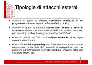 Tipologie  di  attacchi  esterni
• Attacchi in grado di sfruttare specifiche debolezze di un
programma software: exploit, buffer overflow, cracking
• Attacchi in grado di sfruttare connessioni di rete e porte di
accesso ai sistemi o di intervenire sul traffico in transito: backdoor,
port scanning, sniffing, keylogging, spoofing, DoS/DDooS
• Attacchi condotti con l’utilizzo di software malevolo: virus, trojan,
spyware, ransomware
• Attacchi di social engineering, con l’obiettivo di sfruttare la scarsa
consapevolezza da parte del personale di un’organizzazione, per
accedere ad informazioni riservate: phishing, chiavette USB che
veicolano Trojan, ecc.
 