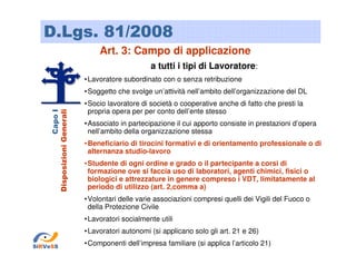 D.Lgs. 81/2008
Art. 3: Campo di applicazione
a tutti i tipi di Lavoratore:
• Lavoratore subordinato con o senza retribuzione

Capo I
Disposizioni Generali

• Soggetto che svolge un’attività nell’ambito dell’organizzazione del DL
• Socio lavoratore di società o cooperative anche di fatto che presti la
propria opera per per conto dell’ente stesso
• Associato in partecipazione il cui apporto consiste in prestazioni d’opera
nell’ambito della organizzazione stessa
• Beneficiario di tirocini formativi e di orientamento professionale o di
alternanza studio-lavoro
• Studente di ogni ordine e grado o il partecipante a corsi di
formazione ove si faccia uso di laboratori, agenti chimici, fisici o
biologici e attrezzature in genere compreso i VDT, limitatamente al
periodo di utilizzo (art. 2,comma a)
• Volontari delle varie associazioni compresi quelli dei Vigili del Fuoco o
della Protezione Civile
• Lavoratori socialmente utili
• Lavoratori autonomi (si applicano solo gli art. 21 e 26)
SiRVeSS

• Componenti dell’impresa familiare (si applica l’articolo 21)

 