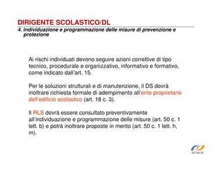 DIRIGENTE SCOLASTICO/DL
4. individuazione e programmazione delle misure di prevenzione e
protezione

Ai rischi individuati devono seguire azioni correttive di tipo
tecnico, procedurale e organizzativo, informativo e formativo,
come indicato dall’art. 15.
Per le soluzioni strutturali e di manutenzione, il DS dovrà
inoltrare richiesta formale di adempimento all’ente proprietario
dell’edificio scolastico (art. 18 c. 3).
Il RLS dovrà essere consultato preventivamente
all’individuazione e programmazione delle misure (art. 50 c. 1
lett. b) e potrà inoltrare proposte in merito (art. 50 c. 1 lett. h,
m).

SiRVeSS

 
