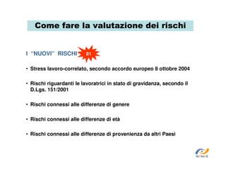Come fare la valutazione dei rischi

I “NUOVI” RISCHI

81

• Stress lavoro-correlato, secondo accordo europeo 8 ottobre 2004
• Rischi riguardanti le lavoratrici in stato di gravidanza, secondo il
D.Lgs. 151/2001
• Rischi connessi alle differenze di genere
• Rischi connessi alle differenze di età
• Rischi connessi alle differenze di provenienza da altri Paesi

SiRVeSS

 