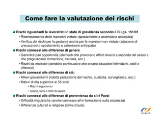 Come fare la valutazione dei rischi
Rischi riguardanti le lavoratrici in stato di gravidanza secondo il D.Lgs. 151/01
• Riconoscimento delle mansioni vietate (spostamento o astensione anticipata)
• Verifica dei rischi per la gestante anche per le mansioni non vietate (adozione di
precauzioni o spostamento o astensione anticipata)
Rischi connessi alle differenze di genere
• Garantire pari opportunità (elementi che provocano effetti diversi a seconda del sesso e
che pregiudicano formazione, carriera, ecc.)
• Rischi da molestie (condotte continuative che creano situazioni intimidanti, ostili e
offensivi)
Rischi connessi alle differenze di età:
• Allievi giovanissimi (ridotta percezione del rischio, custodia, sorveglianza, ecc.)
• Maturi di età superiore ai 55 anni
• Rischi ergonomici
• Orario, turni e ritmi di lavoro

Rischi connessi alle differenze di provenienza da altri Paesi
• Difficoltà linguistiche (anche connesse all’in-formazione sulla sicurezza)
• Differenze culturali e religiose (clima d’aula)
SiRVeSS

 