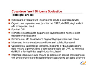 Cosa deve fare il Dirigente Scolastico
(obblighi, art 18)
Individuare e valutare tutti i rischi per la salute e sicurezza (DVR)
Organizzare la prevenzione (nomina del RSPP, del MC, degli addetti
alle emergenze, ecc.)
Fornire i DPI
Richiedere l’osservanza da parte dei lavoratori delle norme e delle
disposizioni scolastiche
Richiedere al MC l’osservanza degli obblighi previsti a suo carico
Informare, formare e addestrare i lavoratori sui rischi presenti
Consentire ai lavoratori di verificare, mediante il RLS, l’applicazione
delle misure di prevenzione e consegnare copia del DVR, su richiesta
del RLS, e fornirgli i dati sugli infortuni scolastici
Informare i lavoratori sulle misure da adottare in caso di grave pericolo
o di emergenze e dare disposizioni per l’abbandono del posto di lavoro
SiRVeSS

 