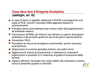 Cosa deve fare il Dirigente Scolastico
(obblighi, art 18)
In caso di lavori in appalto: elaborare il DUVRI e consegnarne una
copia al RLS, munire i lavoratori della apposita tessera di
riconoscimento
Prendere idonei provvedimenti per evitare rischi alla popolazione e
all’ambiente esterno
Comunicare all’INAIL gli infortuni con almeno un giorno di prognosi
(statistica) e denunciare quelli con più di tre giorni (assicurazione)
Consultare l’RLS
Prevedere le misure di emergenza (antincendio, pronto soccorso,
evacuazione)
Organizzare la riunione periodica almeno una volta l’anno
Aggiornare le misure di prevenzione in relazione ai mutamenti
organizzativi e produttivi o in relazione al grado di evoluzione della
tecnica
Vigilare affinché i lavoratori non siano adibiti alla mansione a rischio
senza il prescritto giudizio di idoneità
SiRVeSS

 