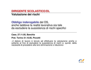 DIRIGENTE SCOLASTICO/DL
Valutazione dei rischi
Obbligo inderogabile del DS,
anche laddove la realtà lavorativa sia tale
da escludere la sussistenza di rischi specifici
Cass. 27.11.95, Banchio
Pret. Torino 31.10.95, Piccotti
«il datore di lavoro è tenuto ad effettuare la valutazione anche e
soltanto al fine di escludere la sussistenza di rischi e, quindi, della
necessità di procedere alla loro eliminazione o riduzione»

SiRVeSS

 