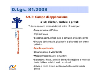 D.Lgs. 81/2008
Art. 3: Campo di applicazione
a tutti i Settori, pubblici e privati

Capo I
Disposizioni Generali

Tuttavia saranno emanati decreti entro 12 mesi per:
• Forze armate e di Polizia
• Vigili del fuoco
• Soccorso alpino, difesa civile e servizi di protezione civile
• Strutture penitenziarie, giudiziarie, di sicurezza e di ordine
pubblico
• Scuole e università
• Organizzazioni di volontariato
• Mezzi di trasporto aerei e marittimi
• Biblioteche, musei, archivi e strutture sottoposte a vincoli di
tutele dei beni artistici, storici e culturali
SiRVeSS

• Attività a bordo di navi, ambito portuale e settore della
pesca

 