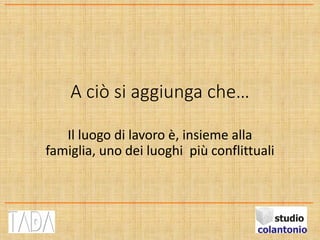 A ciò si aggiunga che…
Il luogo di lavoro è, insieme alla
famiglia, uno dei luoghi più conflittuali
 