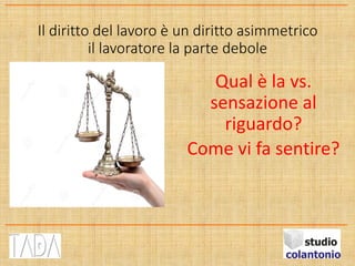 Il diritto del lavoro è un diritto asimmetrico
il lavoratore la parte debole
Qual è la vs.
sensazione al
riguardo?
Come vi fa sentire?
 