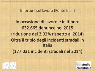 Infortuni sul lavoro (Fonte Inail)
in occasione di lavoro e in itinere
632.665 denunce nel 2015
(riduzione del 3,92% rispetto al 2014)
Oltre il triplo degli incidenti stradali in
Italia
(177.031 incidenti stradali nel 2014)
 